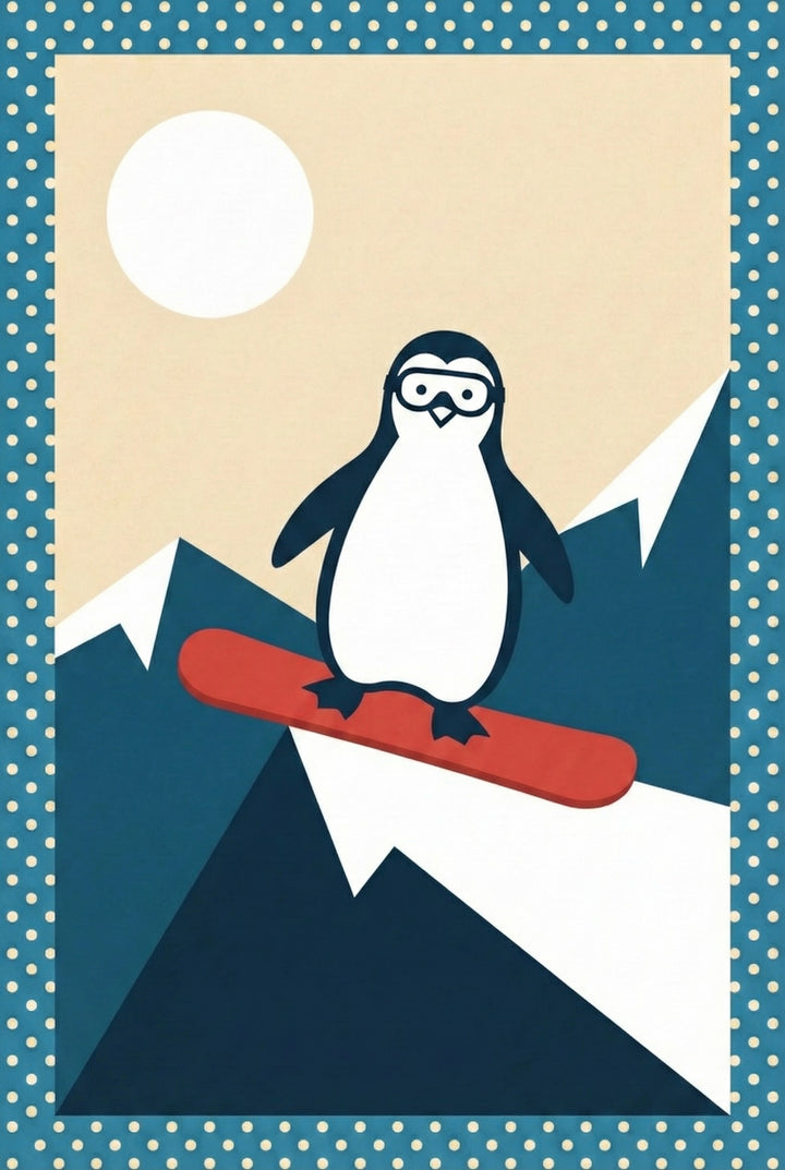A stylized penguin wearing goggles rides a red snowboard down a jagged, snow-covered mountain under a bright white sun, all framed by a blue polka-dot border.