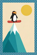  A cartoon penguin in orange goggles balances on a red snowboard atop a sharp icy mountain peak with a golden sun in the background and polka-dot border.
