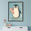 Modern kid's room with a light teal wall. A white-framed whimsical illustration of a polar bear fishing with two penguins hangs centered above a white dresser.