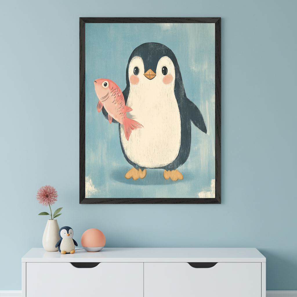 Modern kid's room with a light teal wall. A white-framed whimsical illustration of a polar bear fishing with two penguins hangs centered above a white dresser.