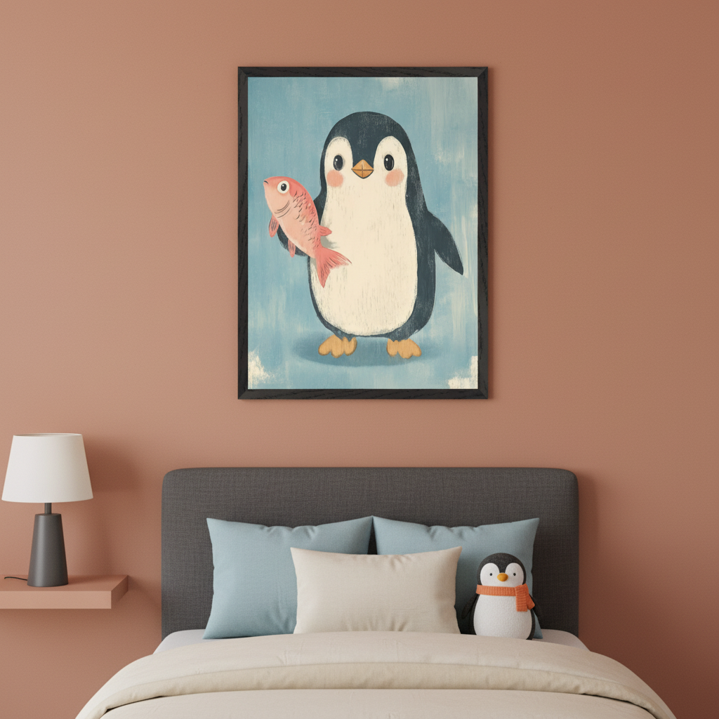 Modern bedroom with a dark gray upholstered bed, light blue and cream pillows. A terracotta-colored wall features a framed picture of a cartoon penguin holding a red fish on a blue background, hanging above the bed. A gray lamp sits on a pink shelf to the left. A small penguin plush toy is on the bed.