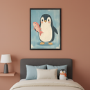Modern bedroom with a dark gray upholstered bed, light blue and cream pillows. A terracotta-colored wall features a framed picture of a cartoon penguin holding a red fish on a blue background, hanging above the bed. A gray lamp sits on a pink shelf to the left. A small penguin plush toy is on the bed.