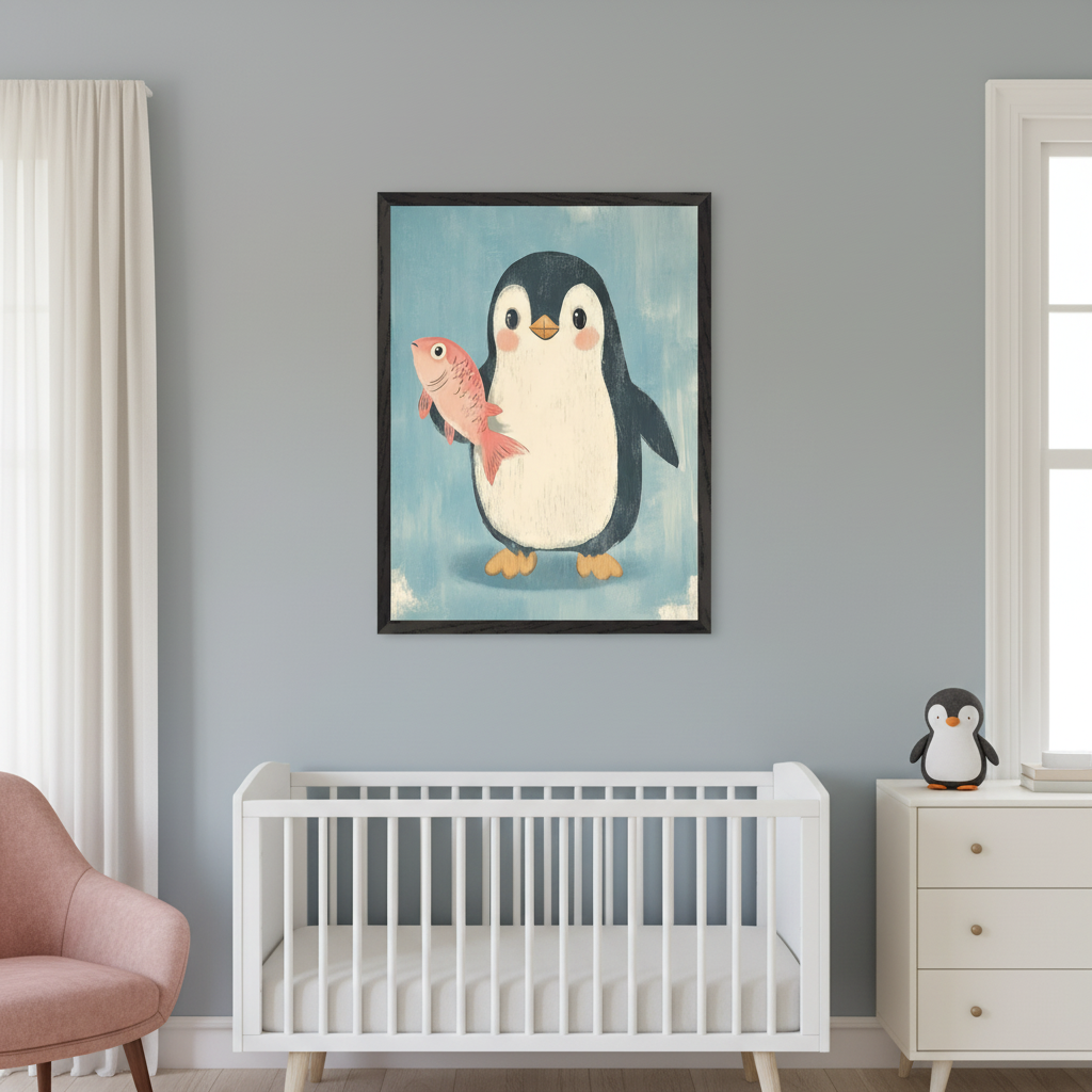 Modern nursery with a white crib, a pink armchair, and a white dresser with a penguin toy. A black-framed illustration of a penguin holding a pink fish hangs on the gray wall above the crib.
