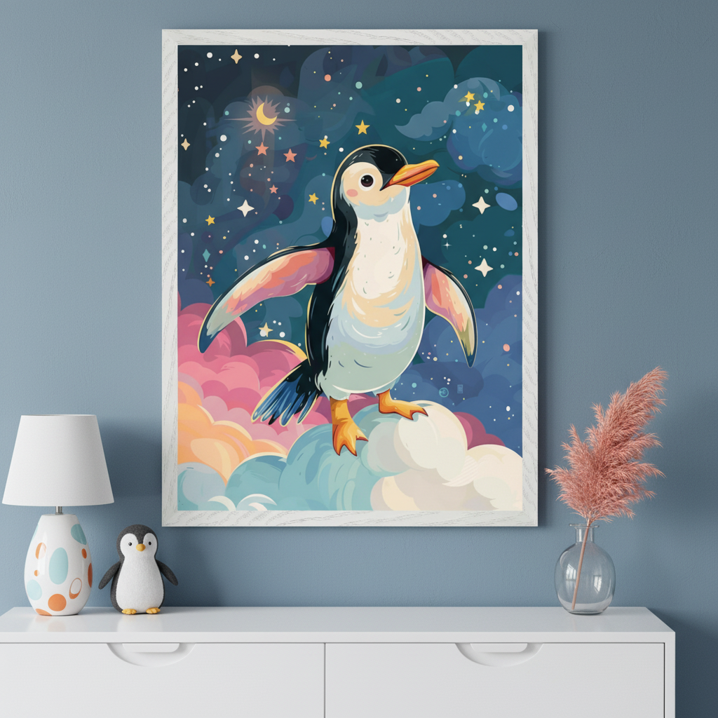 Framed illustration of a cheerful penguin with outstretched wings standing on colorful clouds against a dreamy night sky filled with stars, a crescent moon, and cosmic swirls. The artwork is displayed above a white dresser with matching penguin-themed decor and soft lighting, creating a whimsical and cozy atmosphere.