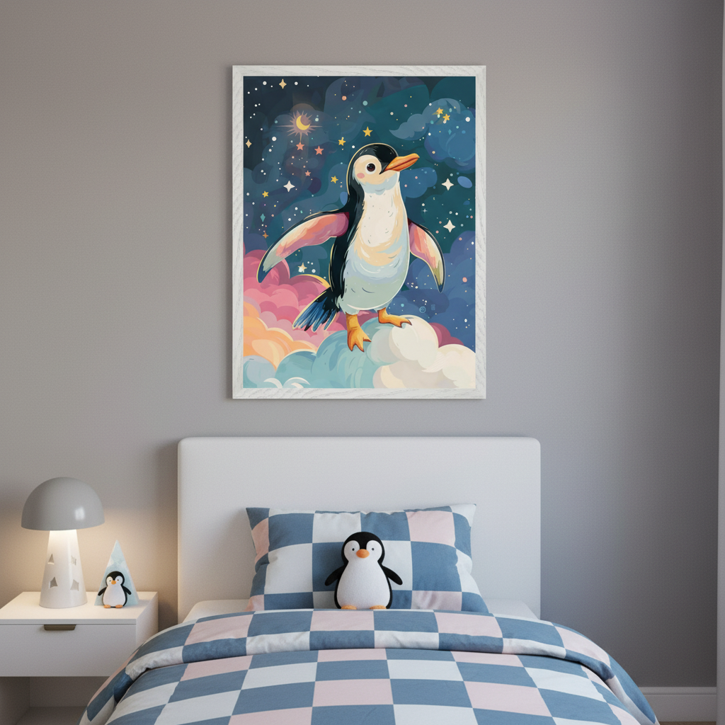 Kid's bedroom with a white bed and blue/pink checkered bedding. A white nightstand with a lamp is on the left. A framed, colorful cartoon-style illustration of a penguin on clouds under a starry night sky hangs above the bed.