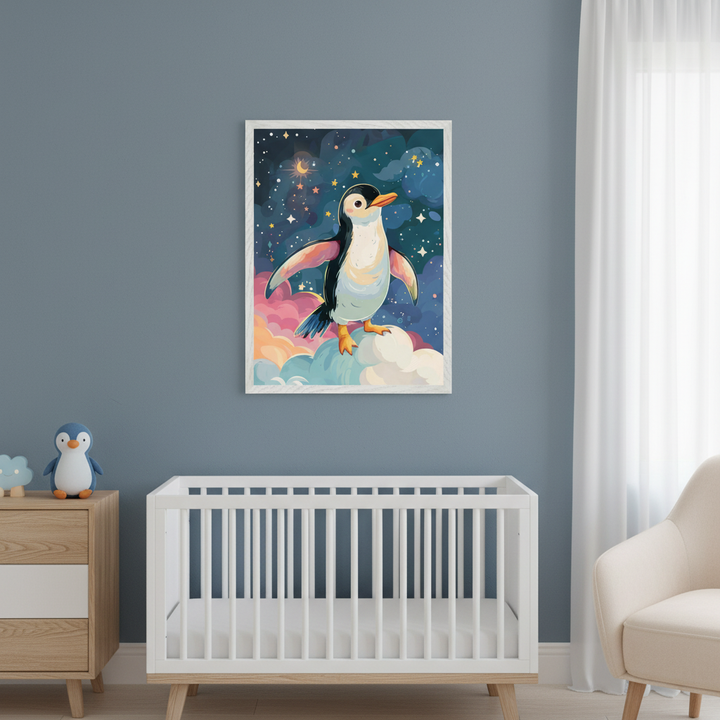 Modern nursery with blue-gray walls. A framed print of a cartoon penguin on colorful clouds under a starry sky is centered above a white crib. A wood dresser is left, a beige armchair right.