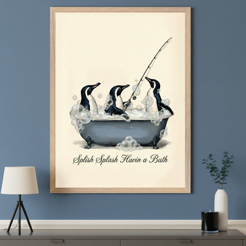 Modern room with blue walls and a gray console table. A natural wood-framed print hangs centered above the console table. The art is a vintage illustration of three penguins in a bubble-filled blue bathtub, one fishing. Text below reads "Splish Splash Havin a Bath".