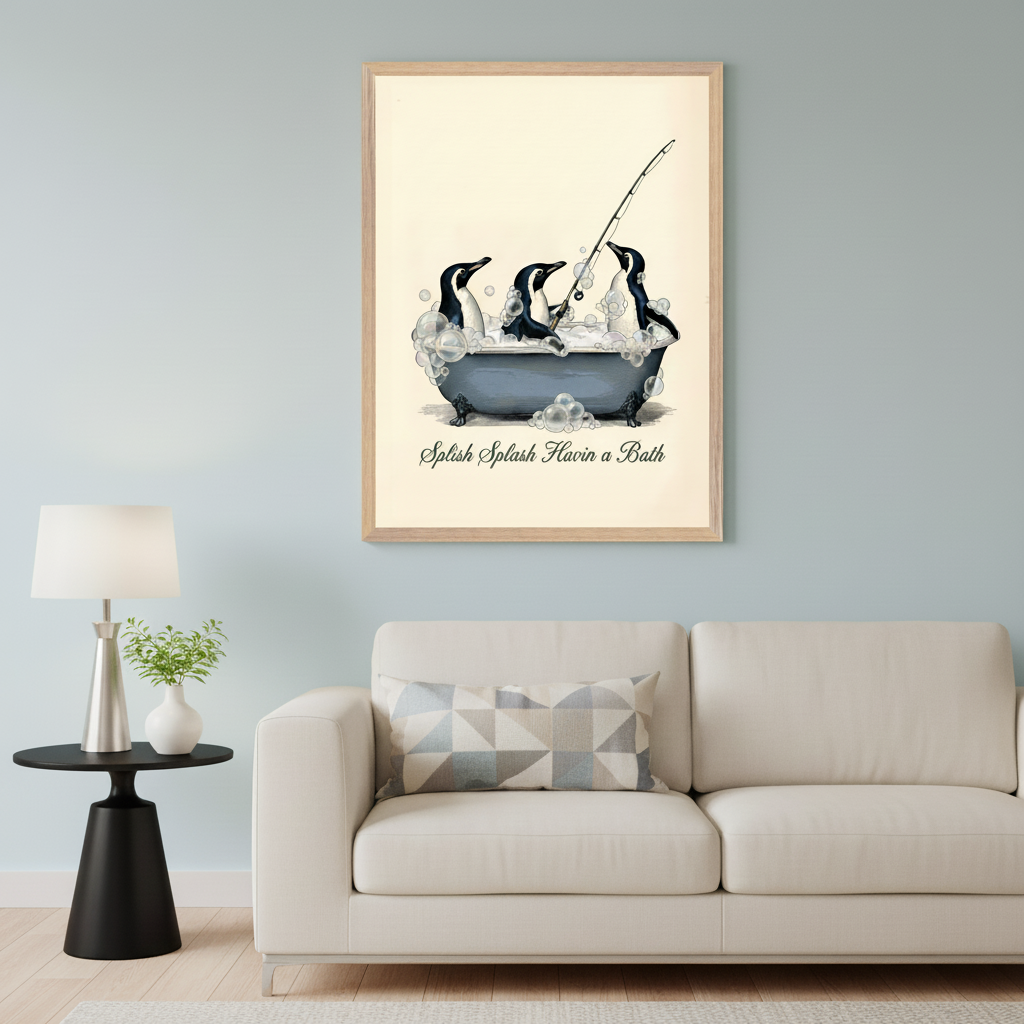 Modern living room with a cream sofa and a black side table with a lamp. A large framed illustration of three penguins in a bubbly blue bathtub, one holding a fishing rod, hangs above the sofa. Text below reads "Splish Splash Havin a Bath".