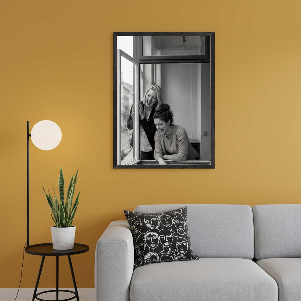 Modern living room with a light gray sofa and a floor lamp. A large framed black and white photograph of two women laughing at an open window hangs on the mustard yellow wall above the sofa and to the right of the lamp.