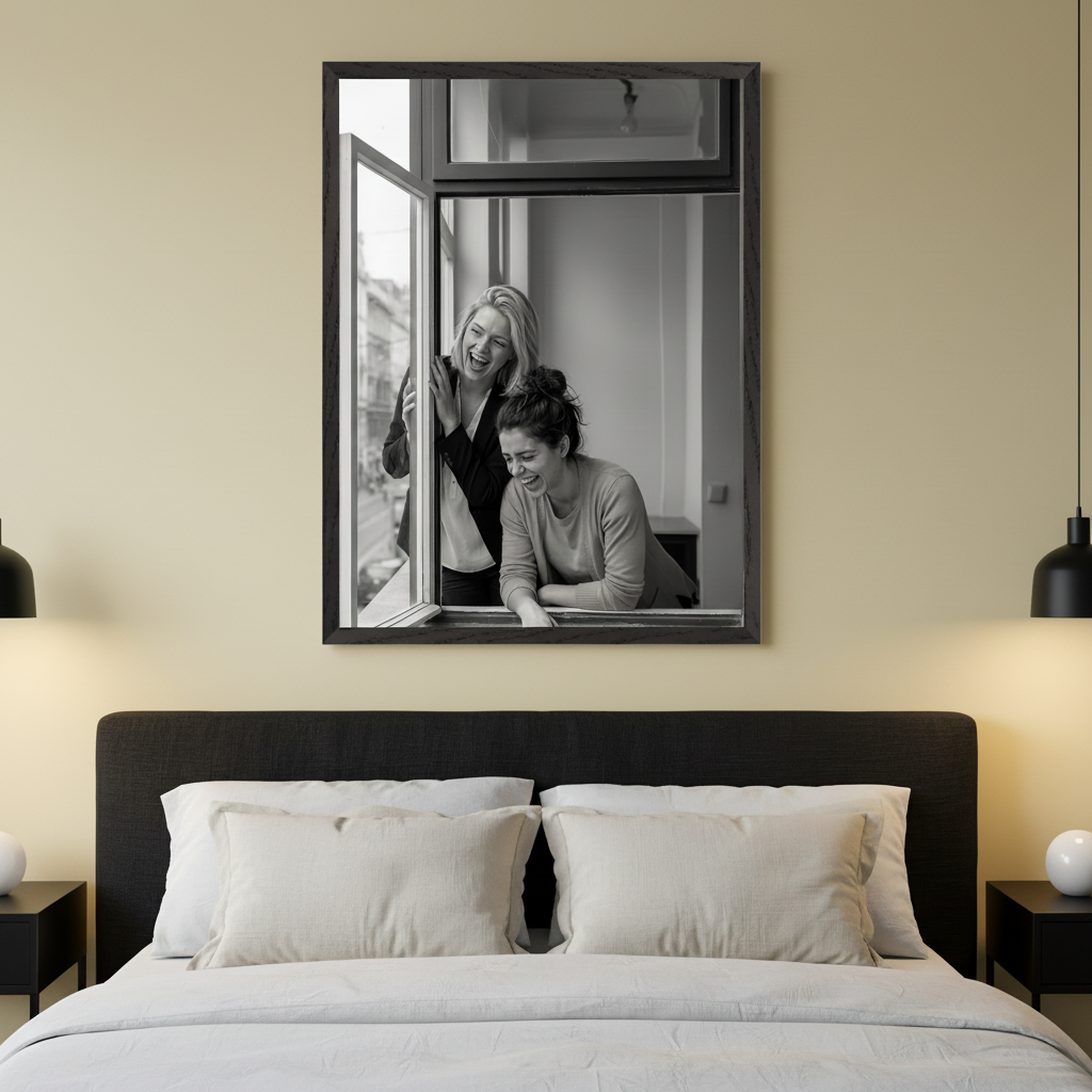 Modern bedroom with a dark gray bed, white bedding, and flanking black nightstands. A large black-framed black and white photo of two laughing women looking out an open window hangs centered above the bed.