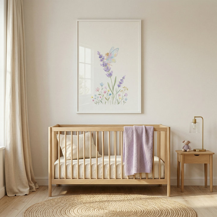 A serene nursery features a light wood crib centered against a neutral-toned wall. Above the crib hangs a large, white-framed piece of art showcasing a delicate watercolor-style illustration of a small winged figure perched atop a stem of lavender, surrounded by a cluster of colorful wildflowers. The crib is neatly made with a cream-colored mattress and pillow, and a soft lavender-hued knit blanket is draped over the side rail. 