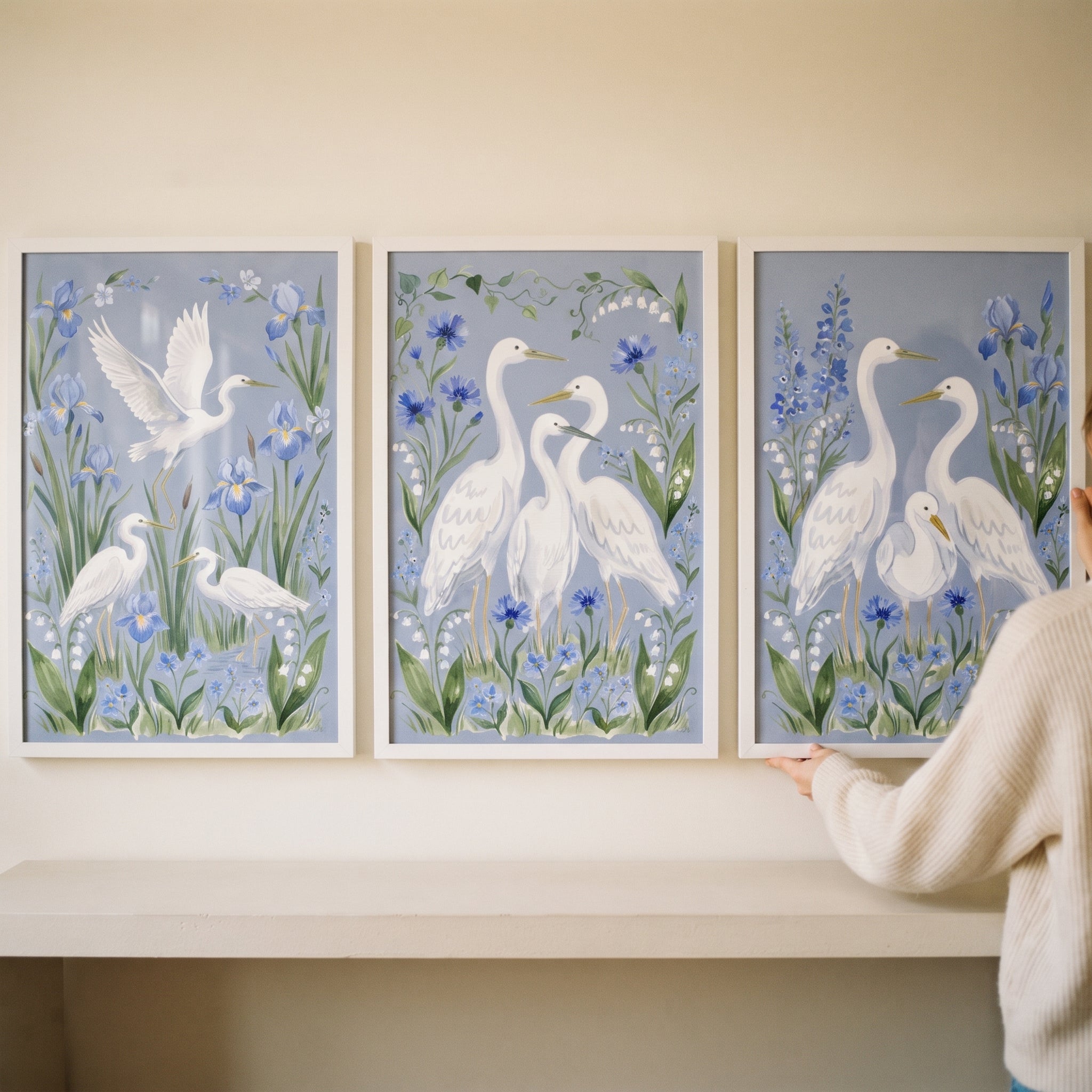 Periwinkle Floral White Egret Bird Wall Art Set of 3 - Blue Heron Garden