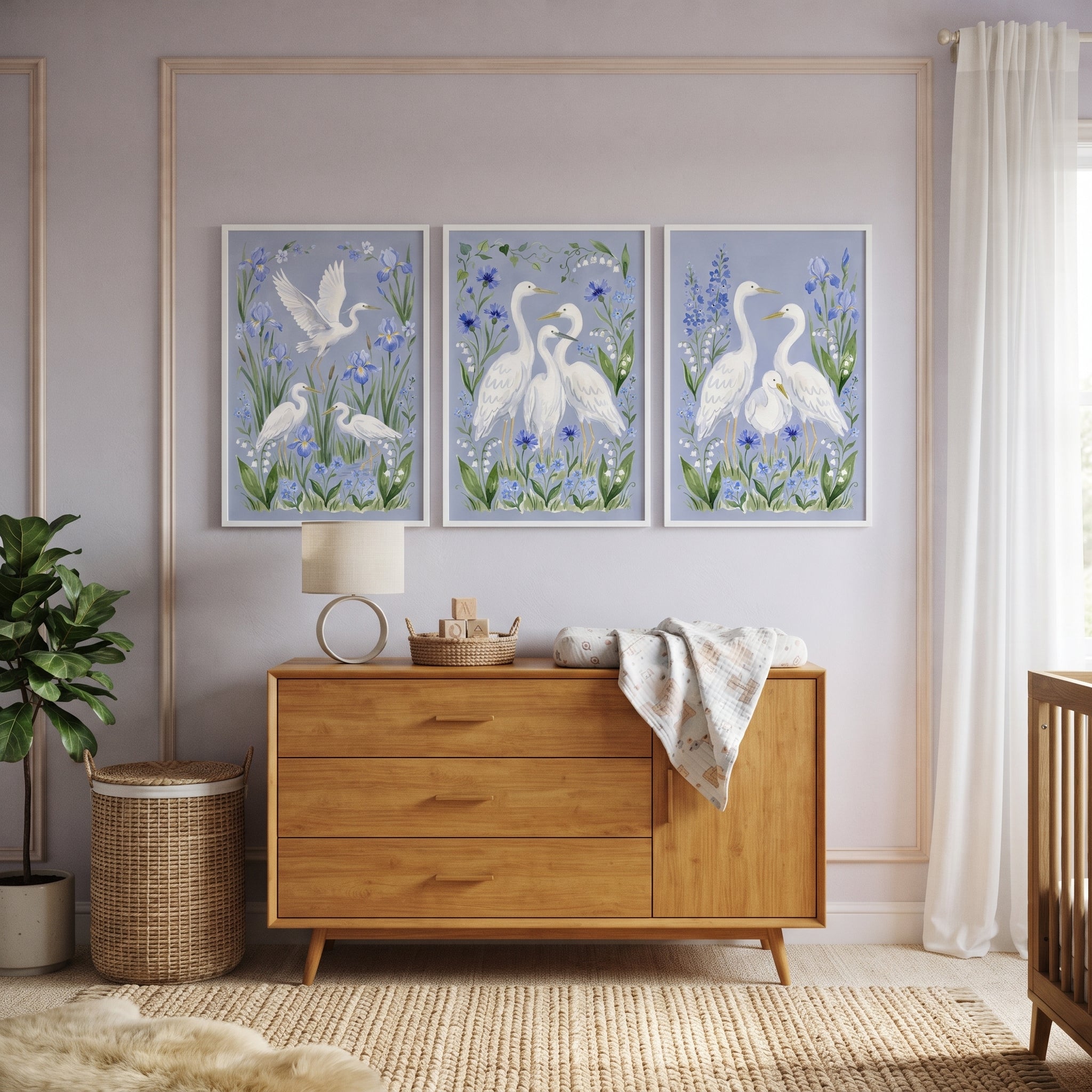 Periwinkle Floral White Egret Bird Wall Art Set of 3 - Blue Heron Garden