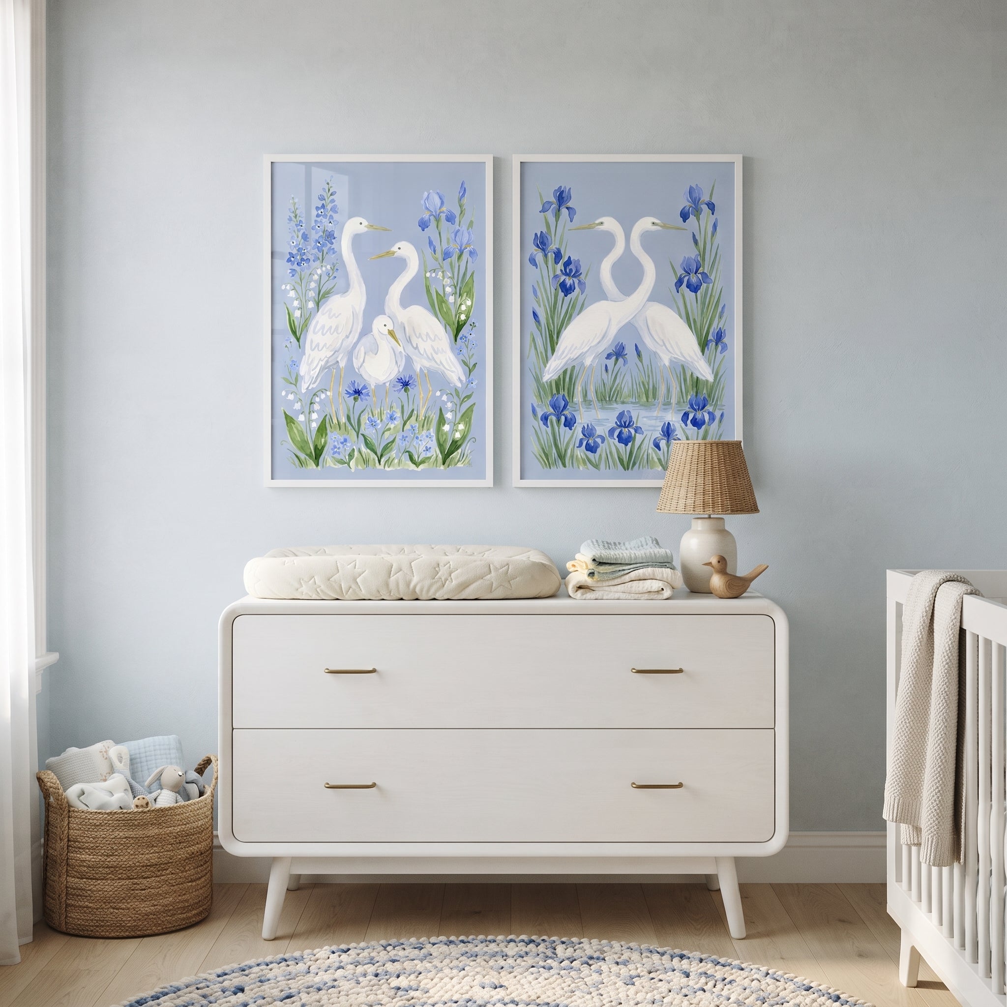Periwinkle Garden White Egret Bird Wall Art Set of 2 - Blue Heron Bliss