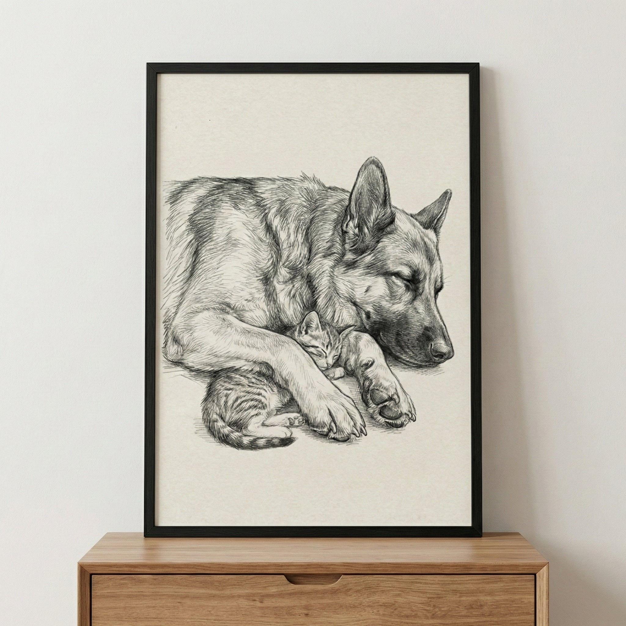A black and white pencil sketch of a large, long-haired dog and a small kitten sleeping together. The dog's front leg is draped protectively over the curled-up kitten. Both animals appear peaceful with their eyes closed. The artwork is held within a thin black frame and sits on a wooden dresser against a plain wall.