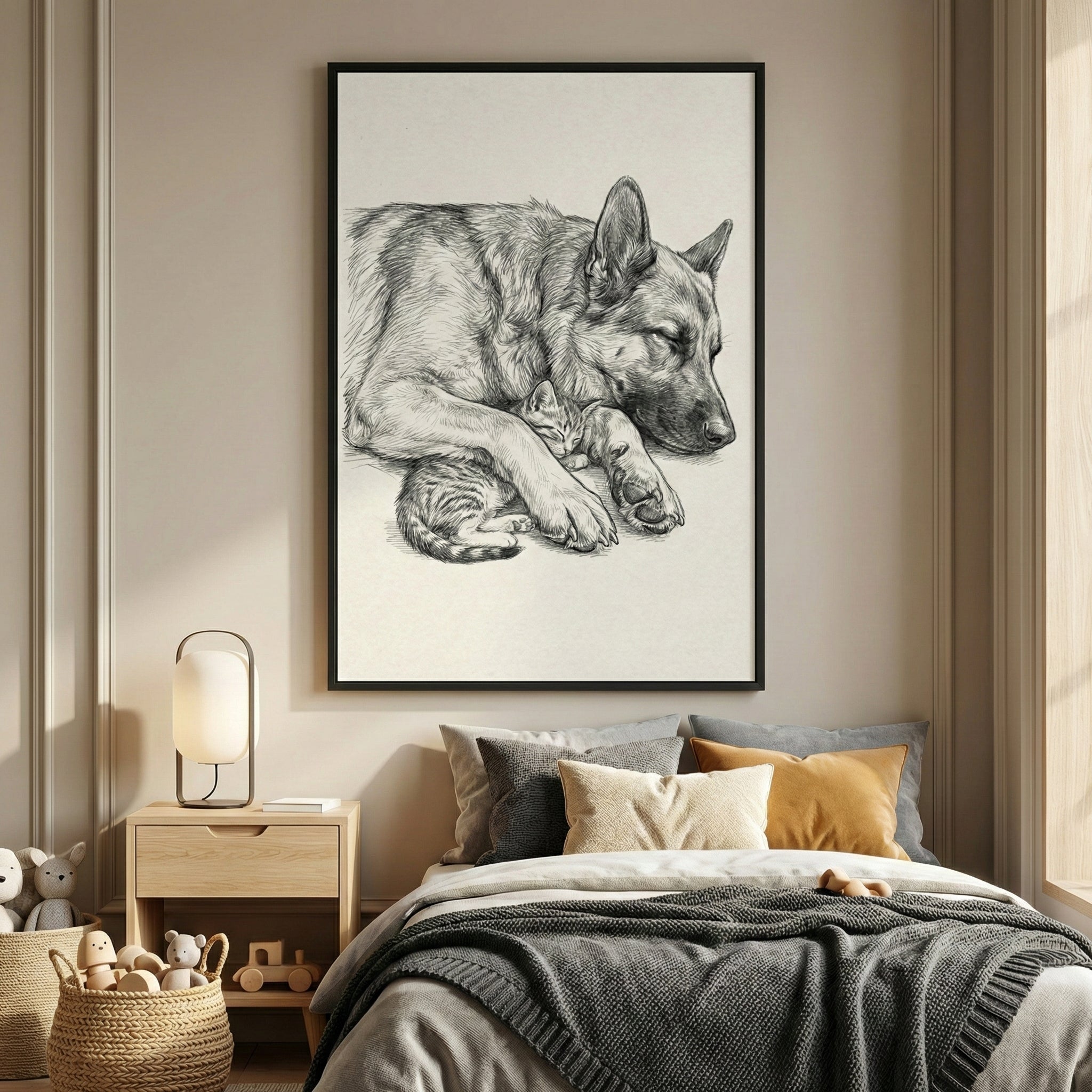 A framed black and white sketch of a large dog and a small kitten sleeping together hangs on a beige wall above a bed. The artwork shows the dog's head resting near the kitten, with its paw gently draped over the smaller animal. The bed below is neatly made with grey and cream-colored bedding, several pillows in varying neutral and mustard yellow shades, and a textured dark grey throw blanket. 