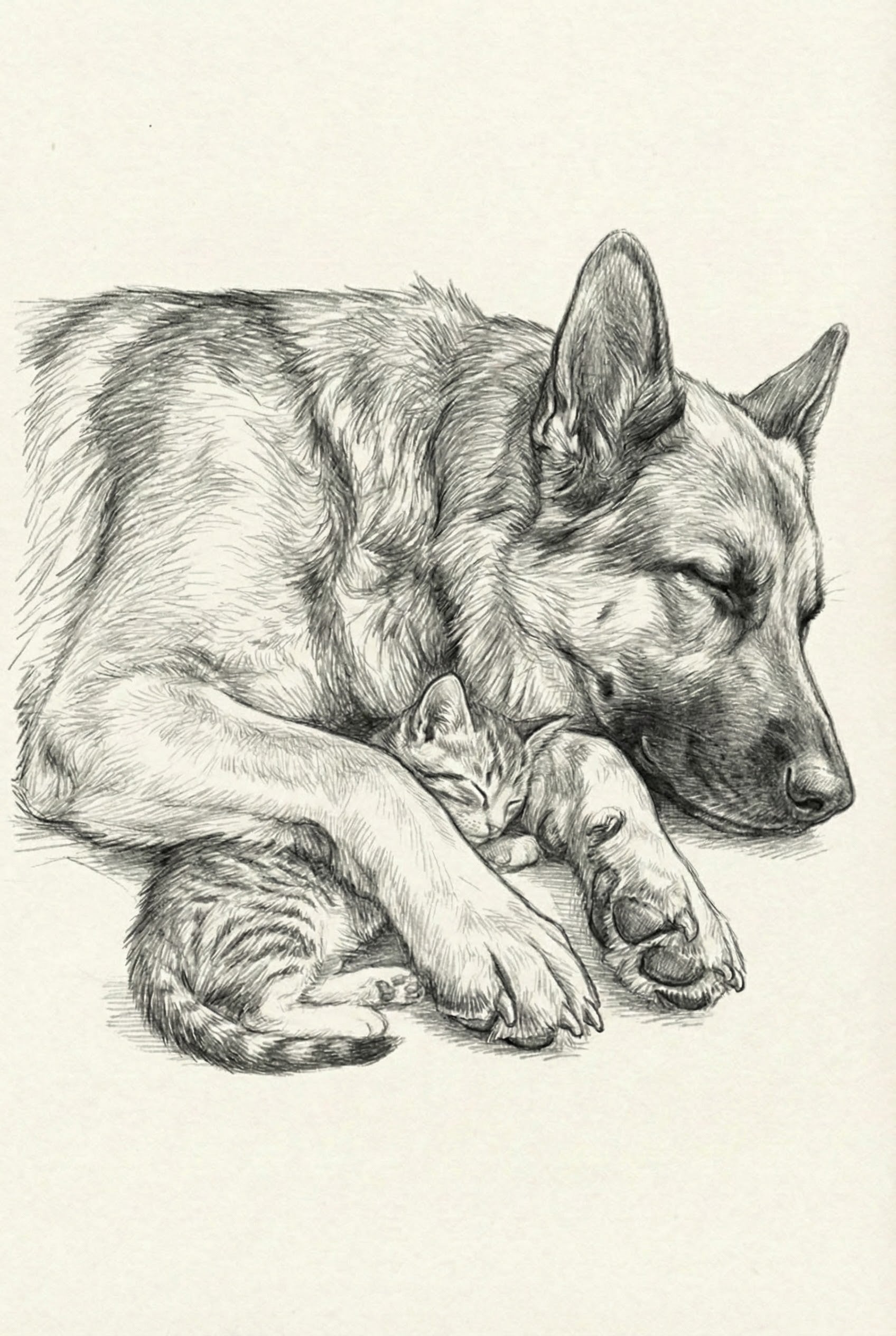 Pet Friendship Bond Cozy Charcoal Drawing Wall Art - Gentle Guardian Slumber