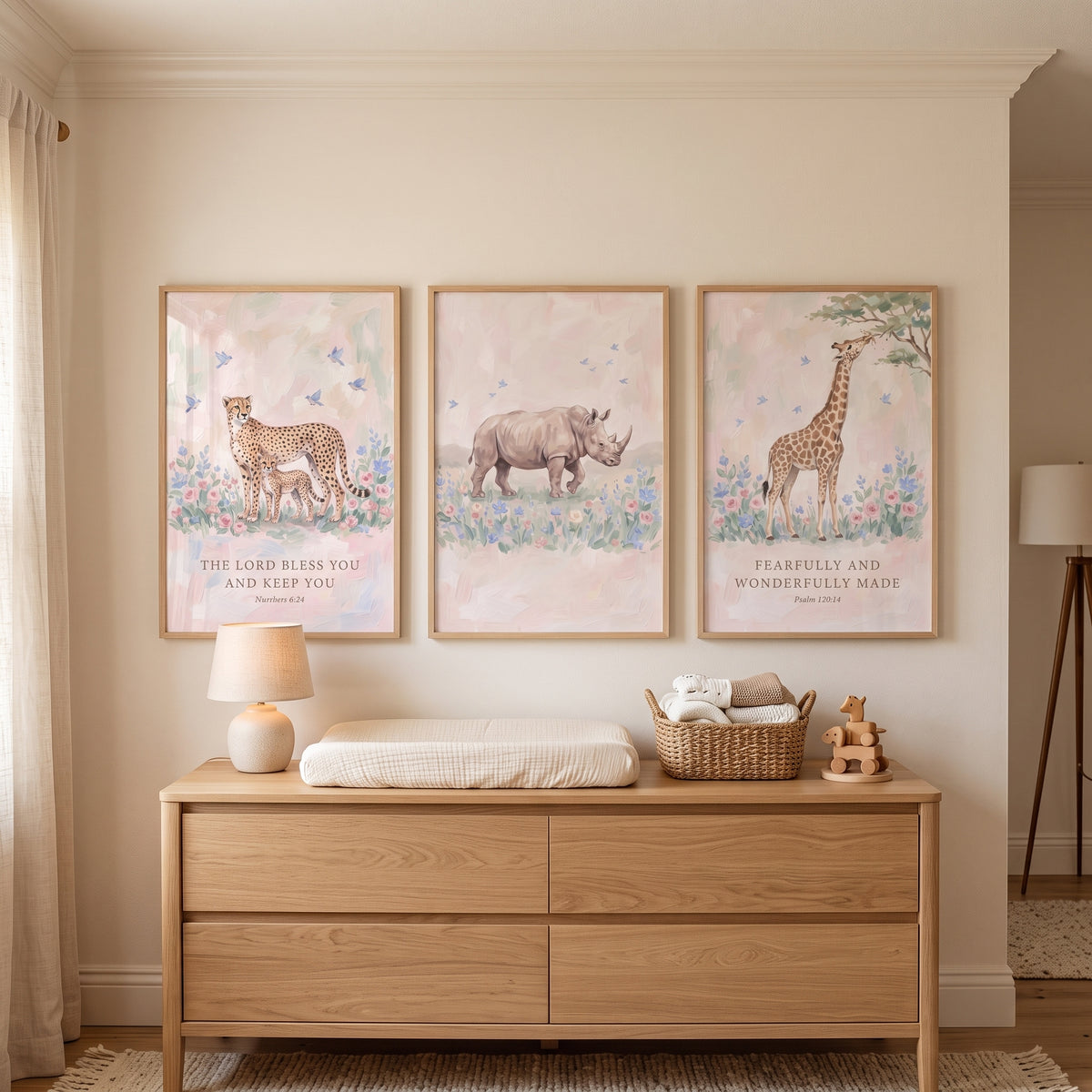 Petal Pink Savanna Animals Wall Art Set Of 3 - Wild Grace Trio
