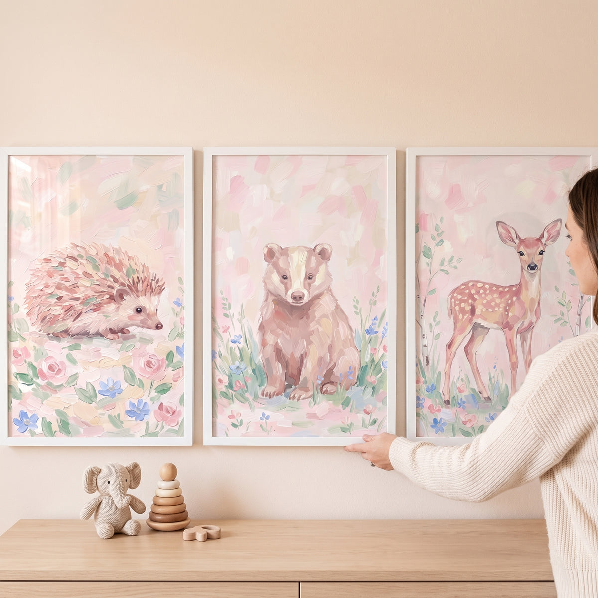 Petal Soft Forest Animals Wall Art Set of 3 - Blush Meadow Animals