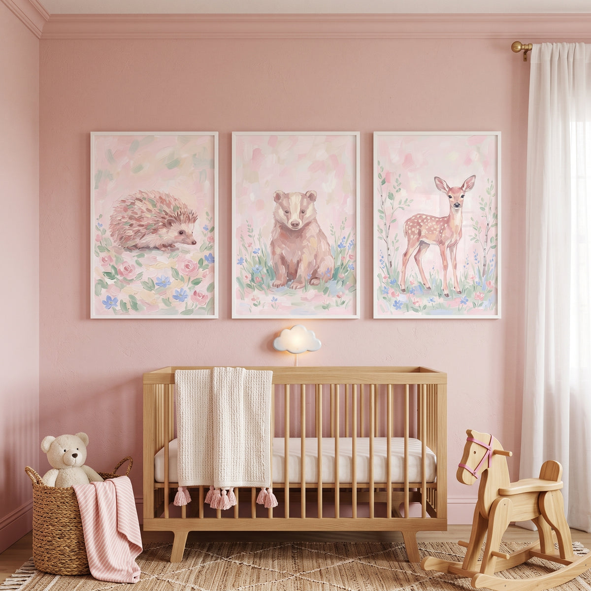 Petal Soft Forest Animals Wall Art Set of 3 - Blush Meadow Animals