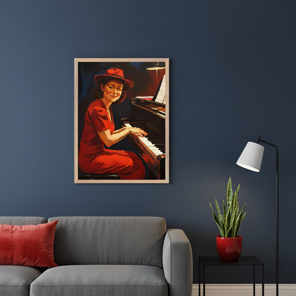 Modern living room with a gray sofa and red pillow. A framed painting of a woman in a red dress and hat playing a piano hangs above the sofa. A black floor lamp and a snake plant in a red pot sit on a black side table to the right.