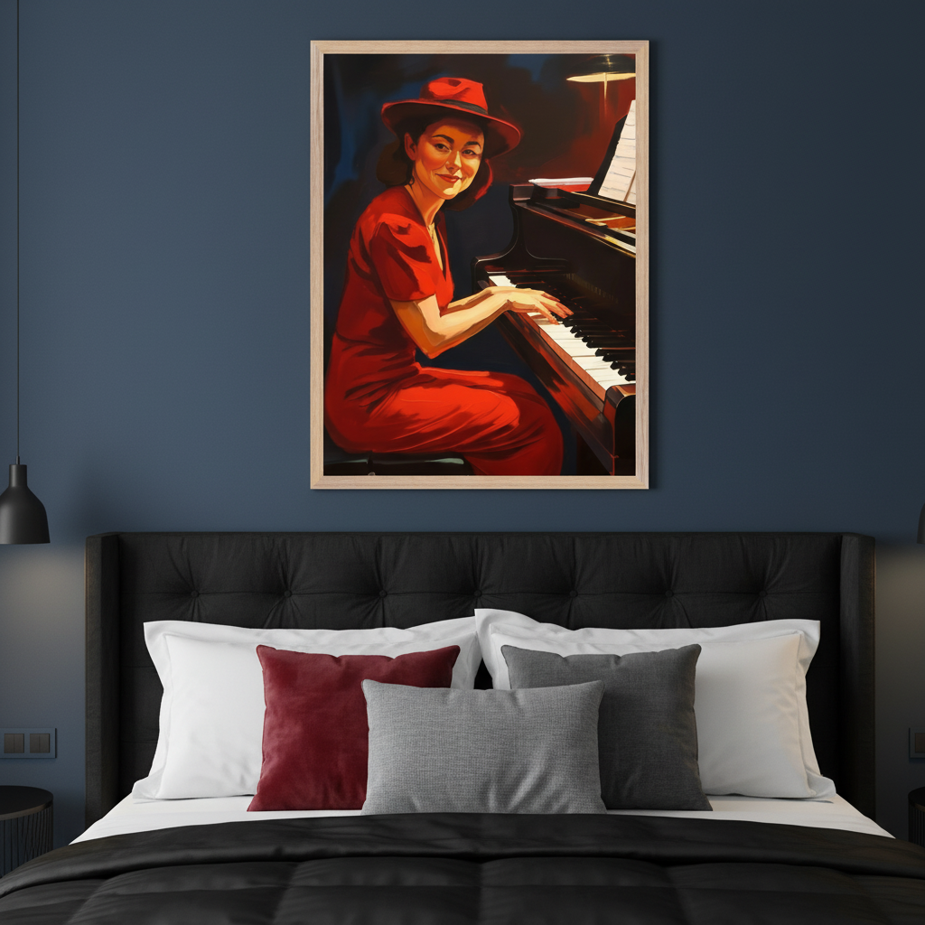 Modern bedroom with a black tufted bed against a dark blue wall. A framed painting of a smiling woman in a red dress and hat playing a piano hangs centered above the bed.