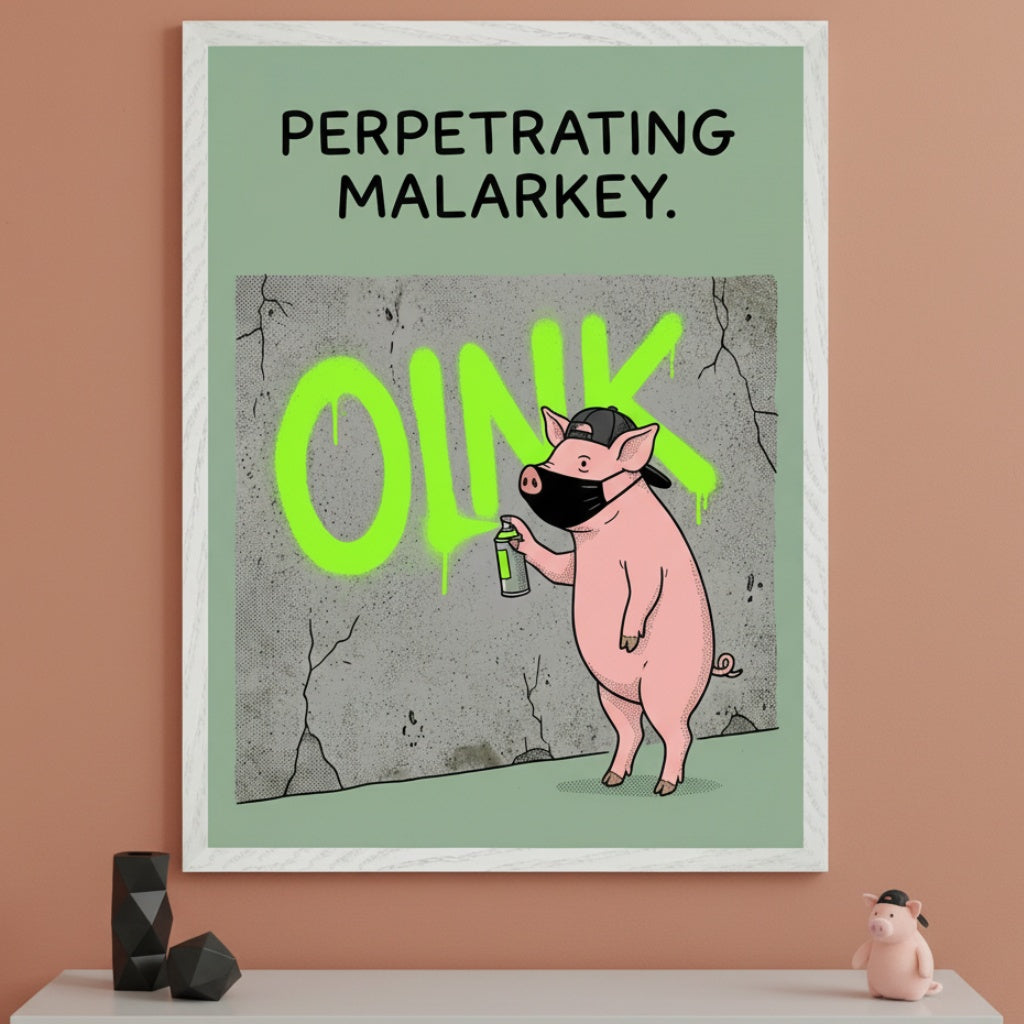 Modern room with a white shelf. A framed print above shows a cartoon pig in a mask and cap spray painting 'OINK' graffiti on a cracked wall. Text reads 'PERPETRATING MALARKEY.' A matching pig figurine sits on the shelf.
