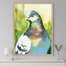 Modern room with a white console table. A large framed expressive painting of a pigeon with blue, green, and white feathers hangs centered above the console table. A white lamp and a vase with eucalyptus are on the table.