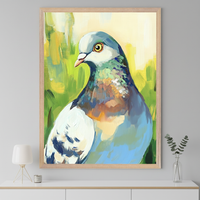 Modern room with a white console table. A large framed expressive painting of a pigeon with blue, green, and white feathers hangs centered above the console table. A white lamp and a vase with eucalyptus are on the table.