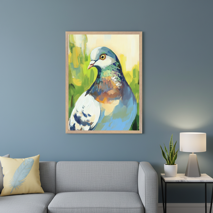 Modern living room with a gray sectional sofa and a marble-top side table. A light wood-framed, painterly artwork of a colorful pigeon against a green and yellow background hangs centered above the sofa.