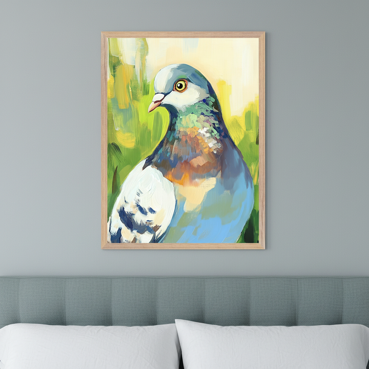 Modern bedroom with a gray upholstered headboard and white pillows. A framed painting of an impressionistic pigeon in blues, whites, and browns, with a yellow eye and green-yellow background, hangs on the gray wall above the bed.