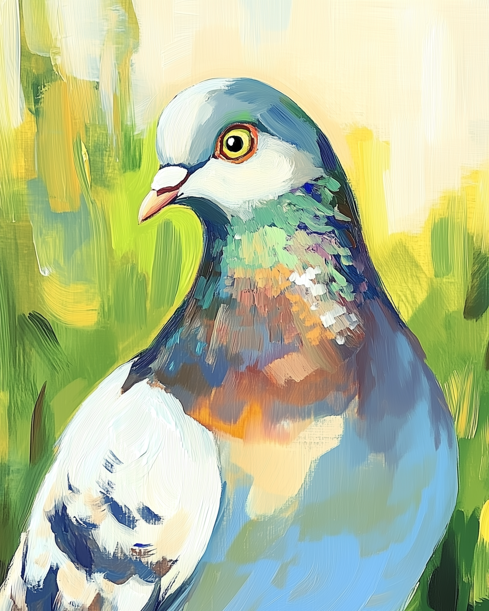 Vibrant painting of a pigeon with iridescent feathers in shades of green, purple, and copper, set against a blurred background of warm yellow and green brushstrokes. The close-up composition highlights the bird’s sharp eye and detailed plumage.