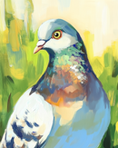 Vibrant painting of a pigeon with iridescent feathers in shades of green, purple, and copper, set against a blurred background of warm yellow and green brushstrokes. The close-up composition highlights the bird’s sharp eye and detailed plumage.