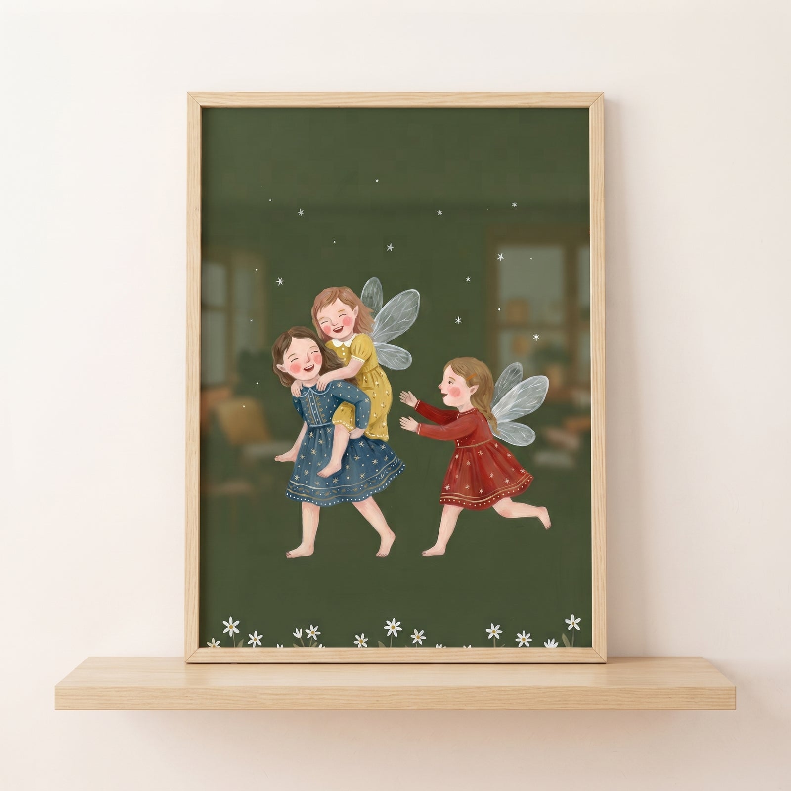Piggyback ride playing fairies wall art features three girls with wings and dresses on a dark green background.