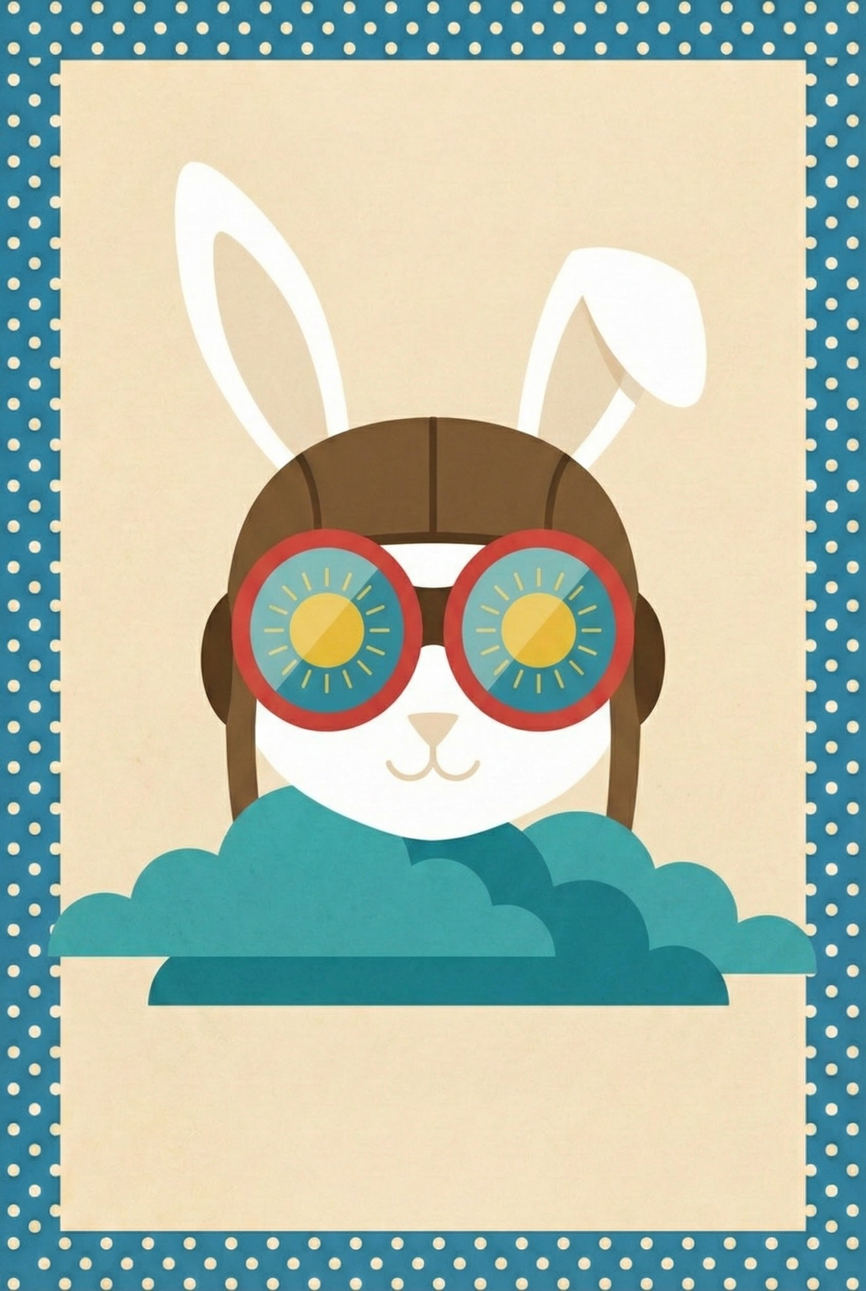 A minimalist white bunny in red flight goggles and brown pilot helmet peeks through teal clouds, with sunbursts reflected in the lenses and a polka-dot border.
