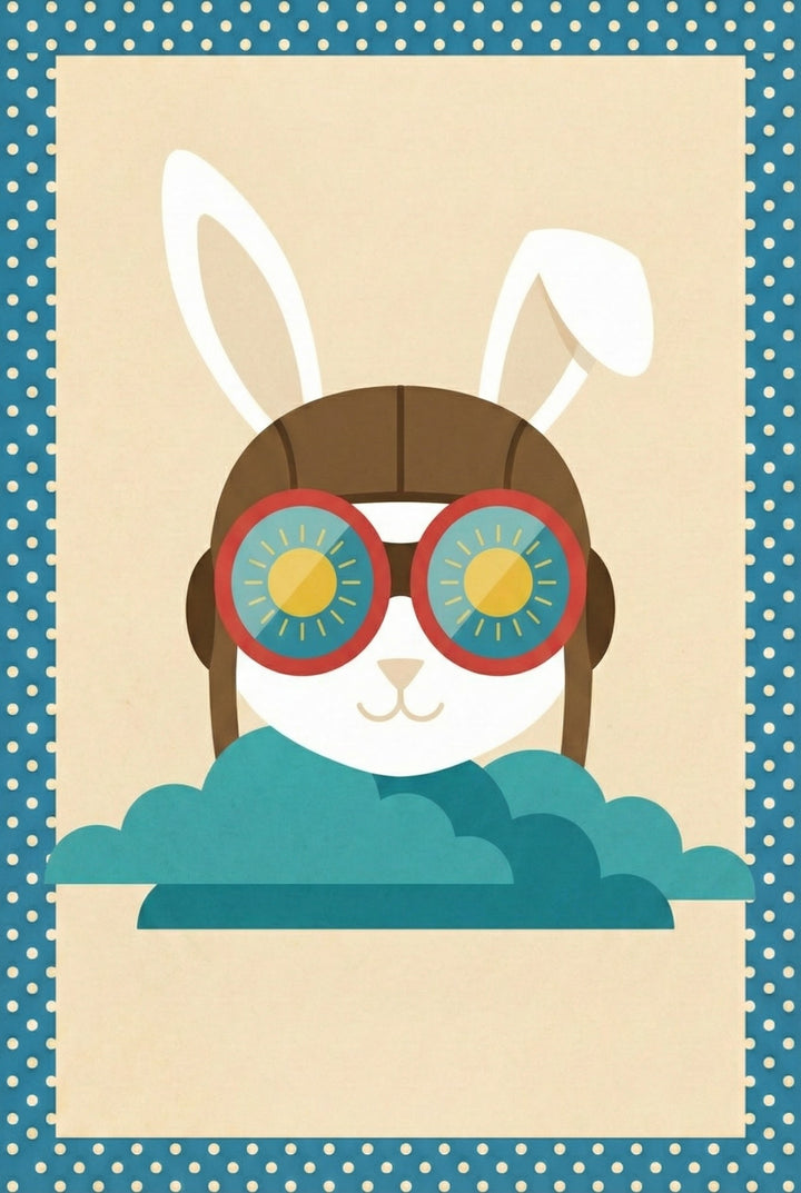 A minimalist white bunny in red flight goggles and brown pilot helmet peeks through teal clouds, with sunbursts reflected in the lenses and a polka-dot border.
