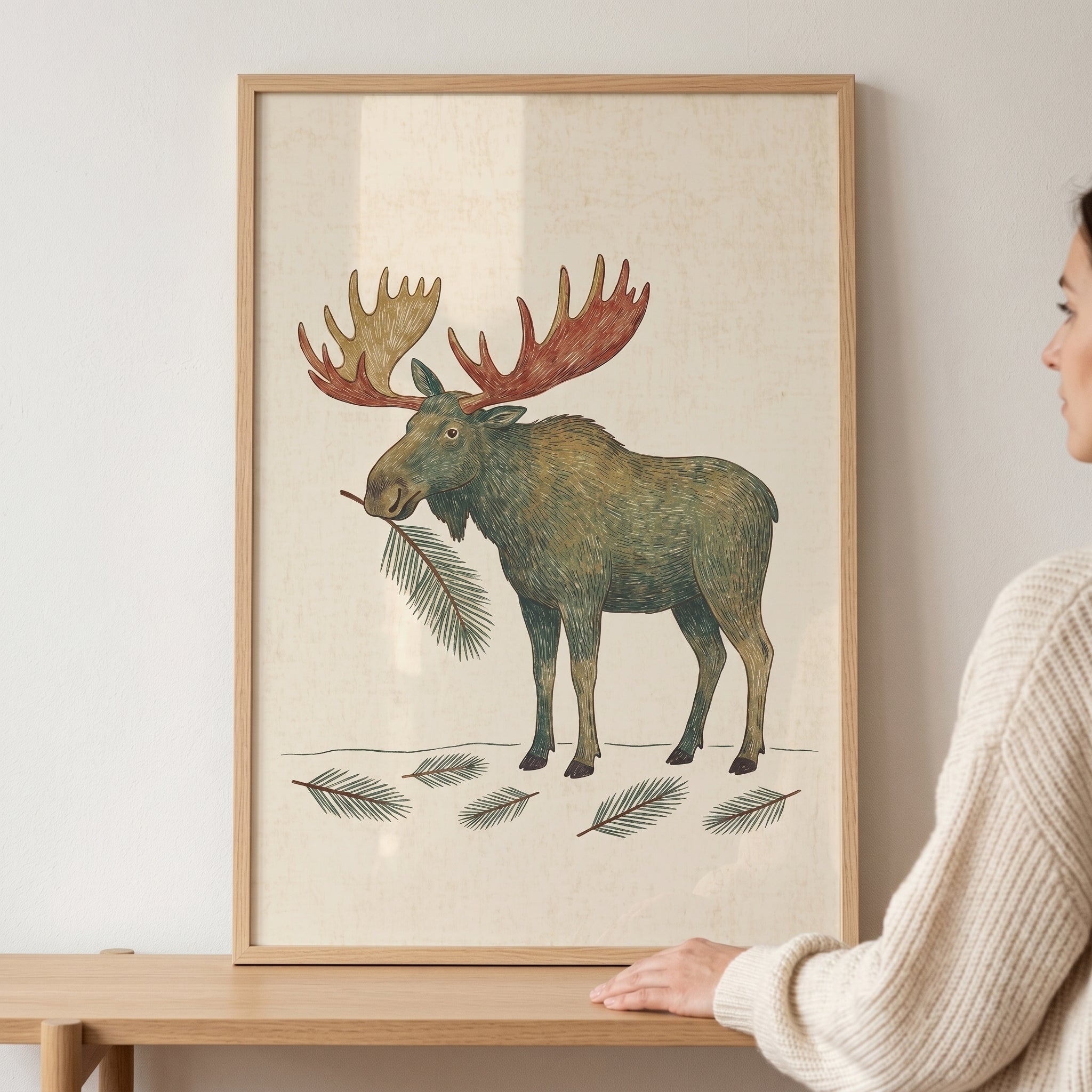 Pine Branch Mouth Moose Wall Art - Majestic Forest Moose