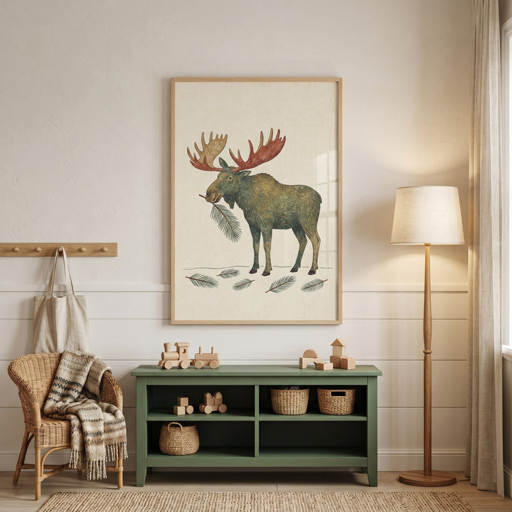 Pine branch mouth moose wall art in a cozy room with a green toy shelf, wicker chair, and tall floor lamp.