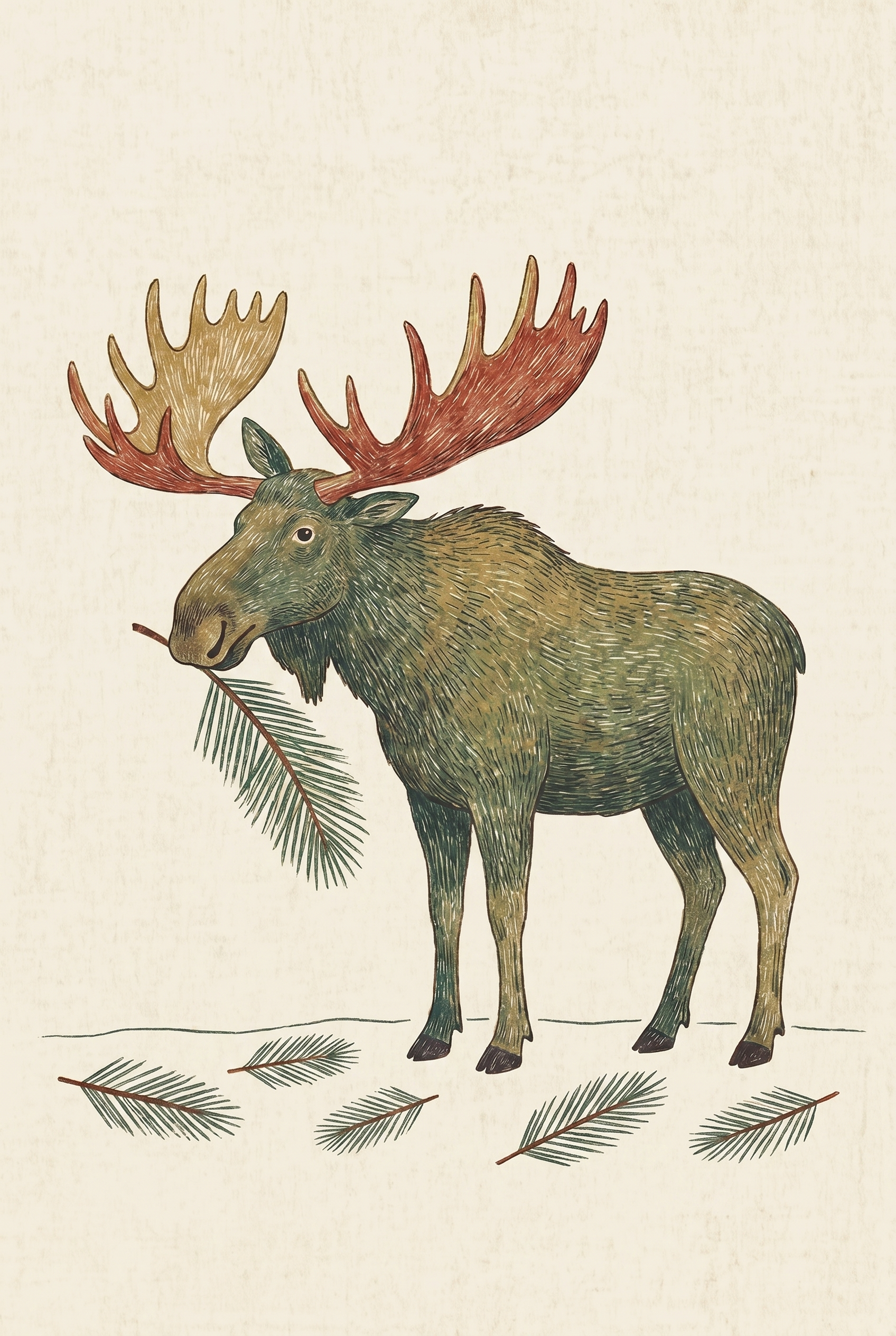 Pine Branch Mouth Moose Wall Art - Majestic Forest Moose