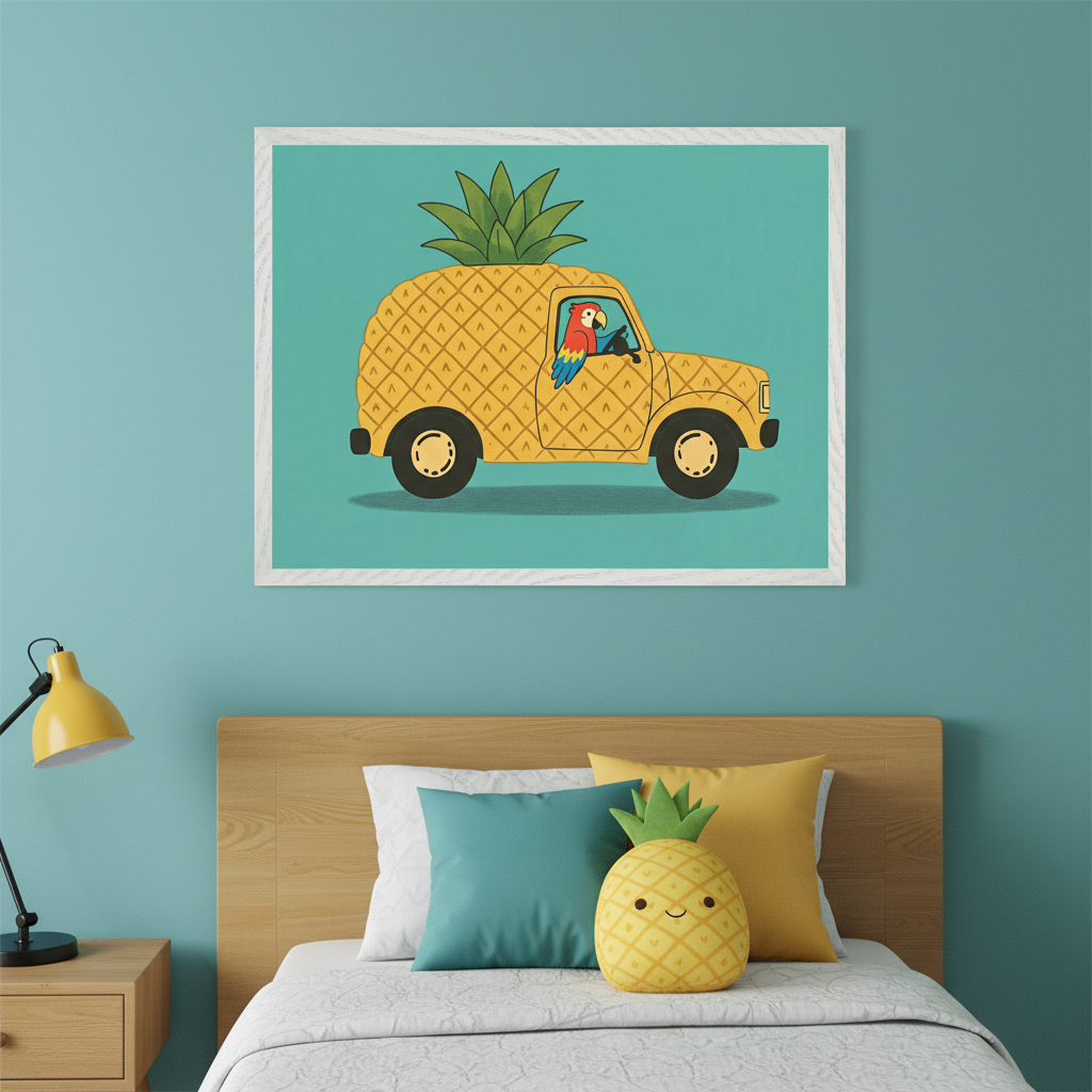 Modern bedroom with a wooden bed, headboard, and bedside table with a yellow lamp against a teal wall. A pineapple cushion rests on the bed. Above the bed, a framed print shows a cartoon yellow pineapple van with green leaves, driven by a colorful parrot, on a teal background.