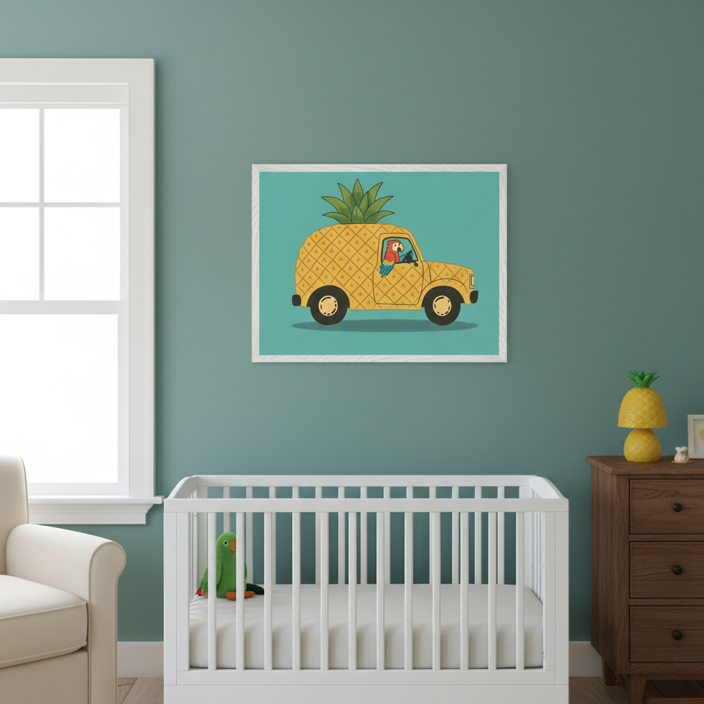 Modern nursery with a white crib and a brown dresser. A framed illustration of a yellow pineapple car with a parrot driver, on a teal background, hangs on the teal wall above the crib.