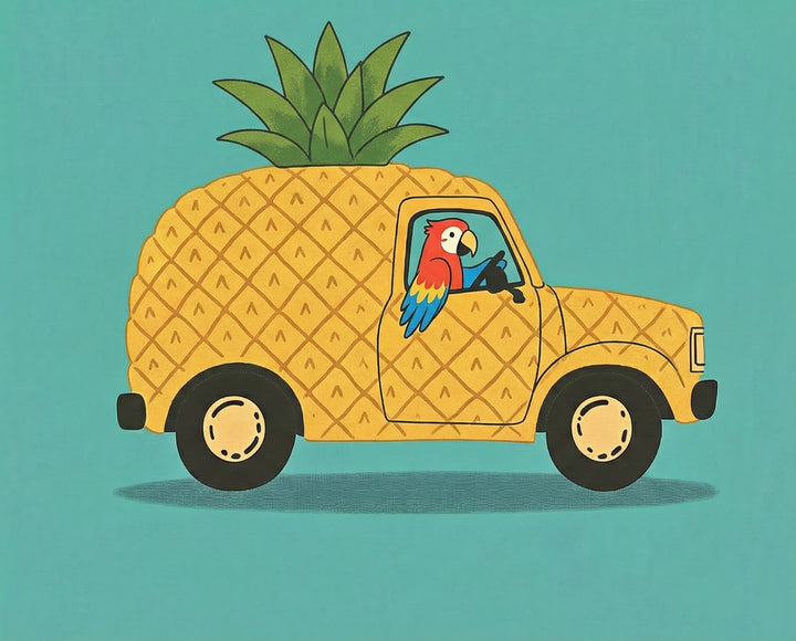 A colorful parrot with red, blue, and yellow feathers drives a bright yellow van shaped like a pineapple, merging tropical fruit design with playful travel themes for both children and adults.
