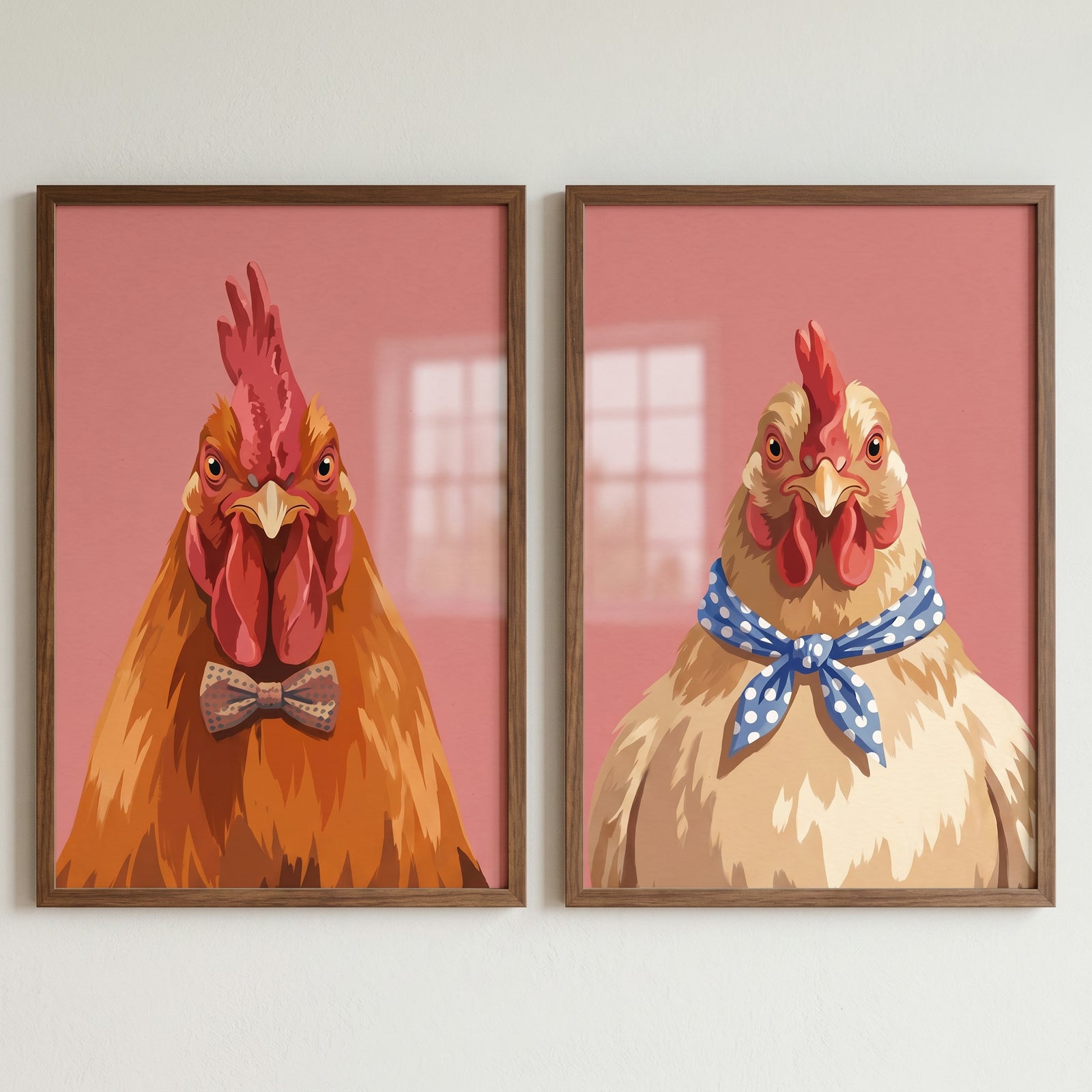 Pink background accessorized chicken wall art set of 2 with a rooster in a bow tie and a hen in a blue polka dot scarf.