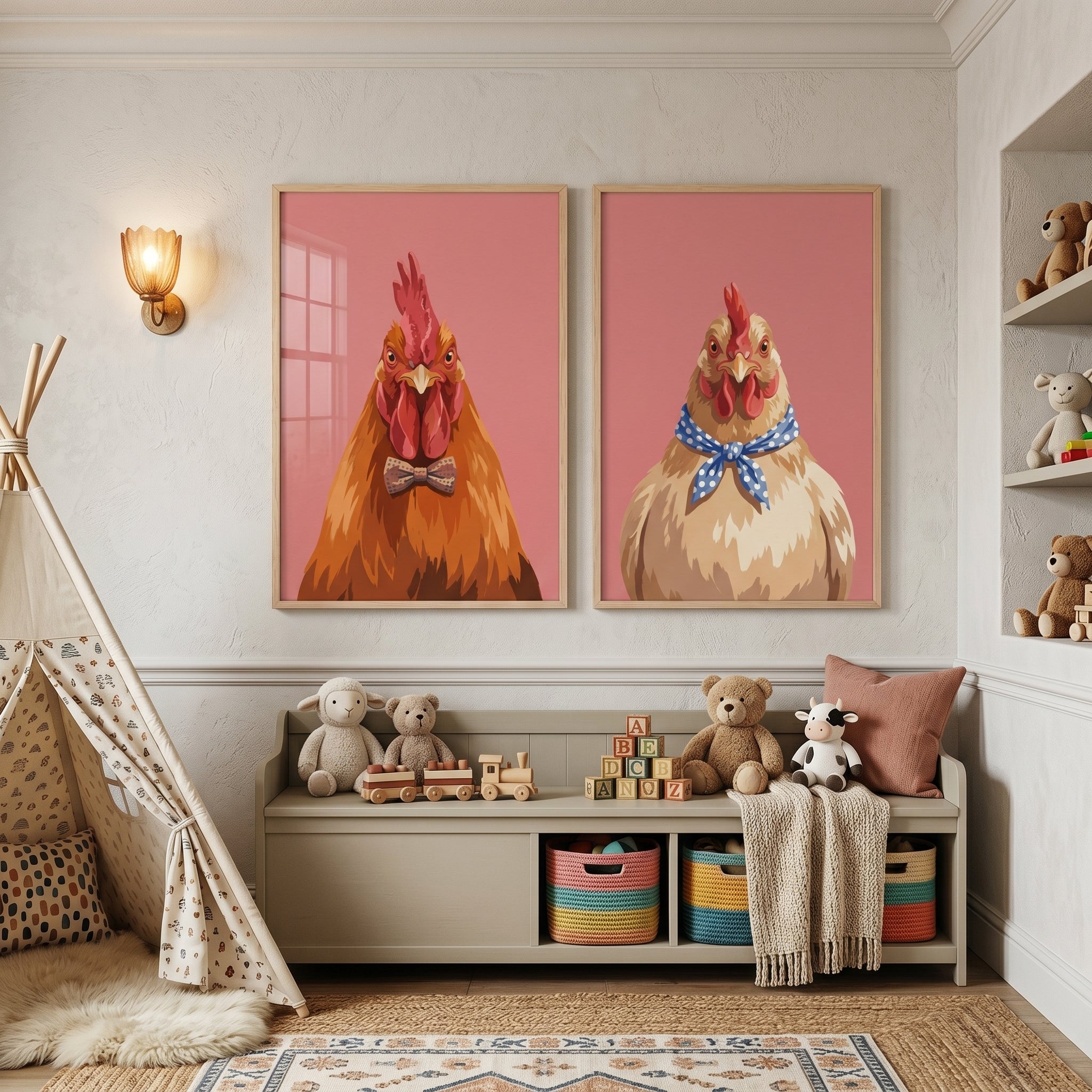 Pink Background Accessorized Chicken Wall Art Set of 2 - Fancy Farm Couple