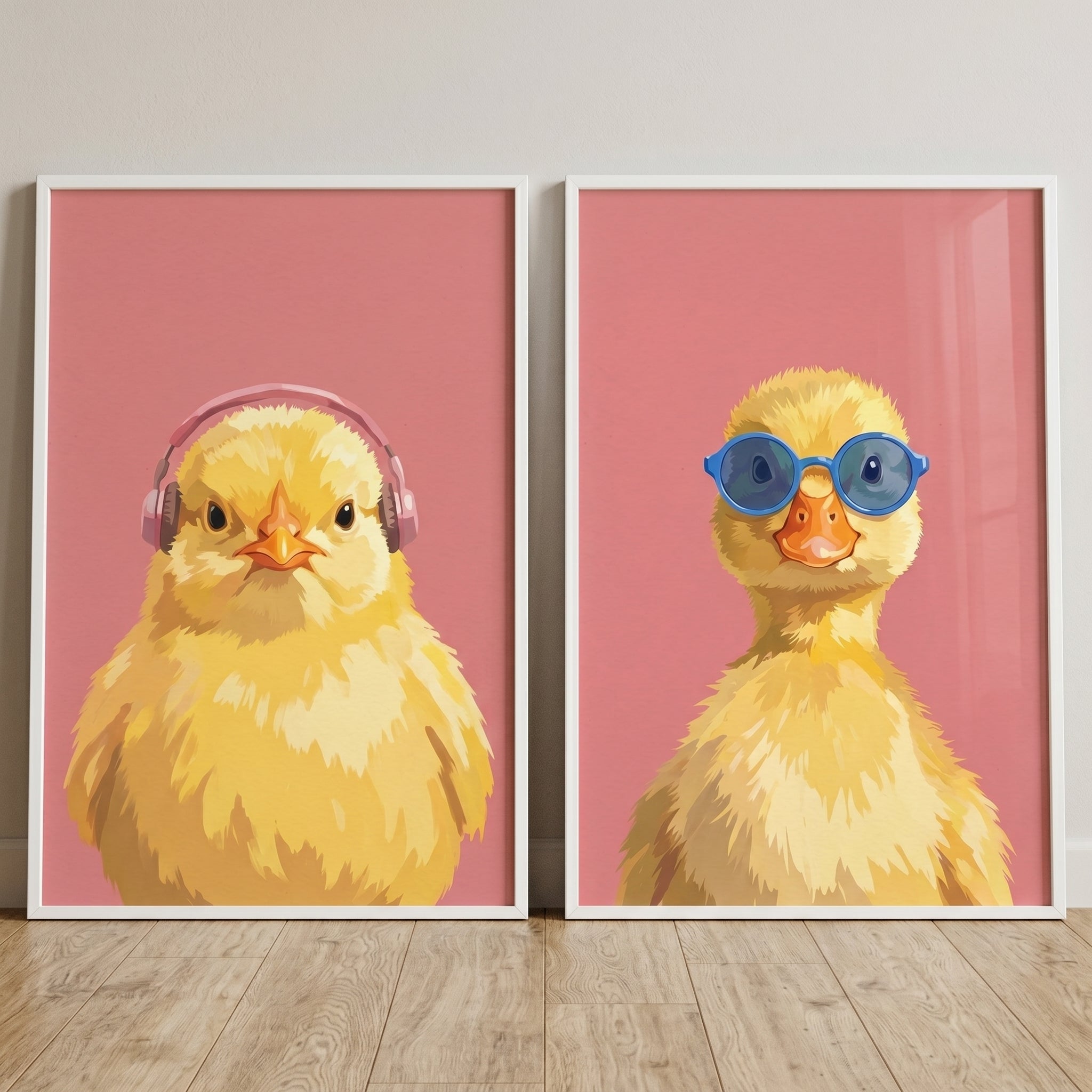 Pink Background Baby Bird Wall Art Set of 2 - Cool Bird Duo