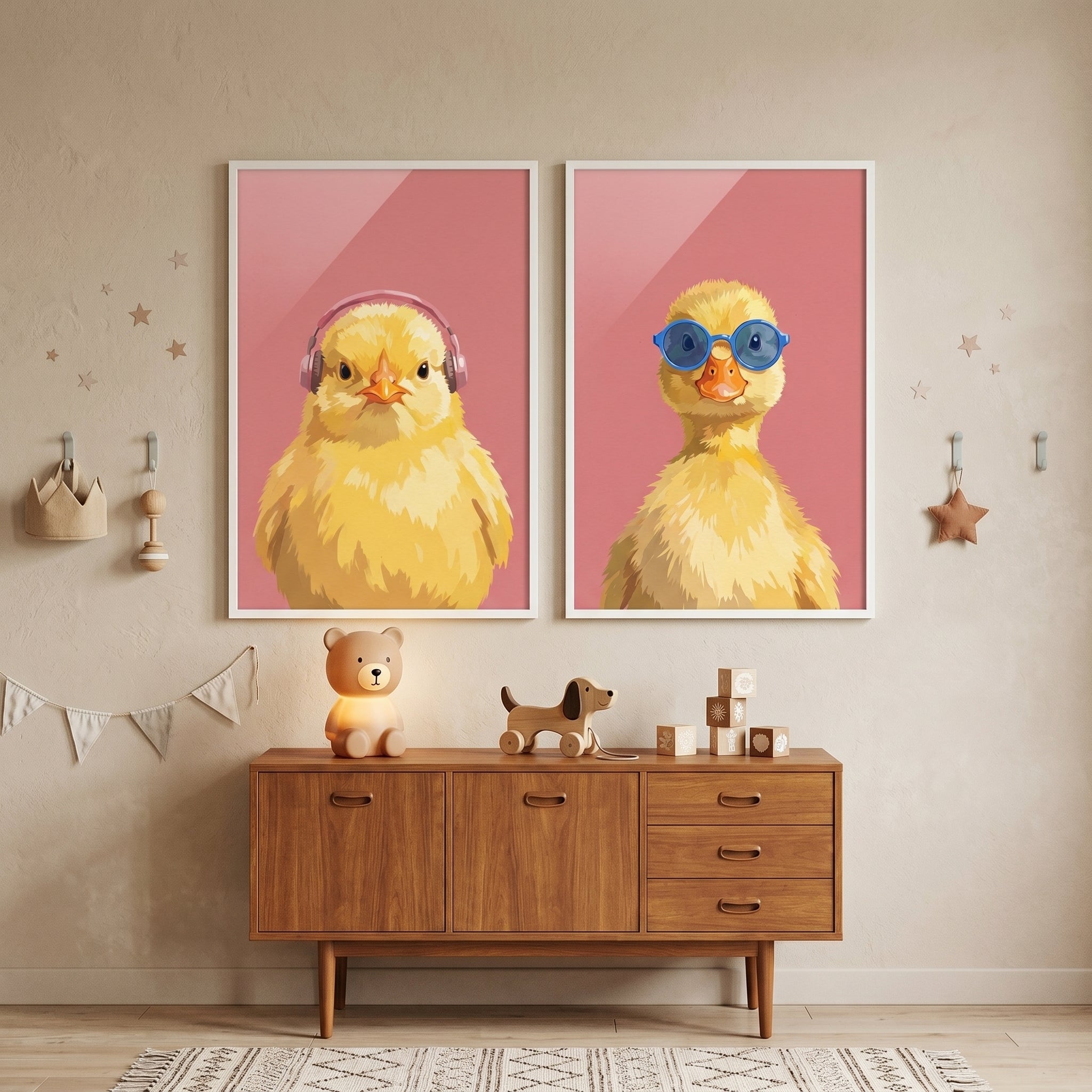 Pink Background Baby Bird Wall Art Set of 2 - Cool Bird Duo