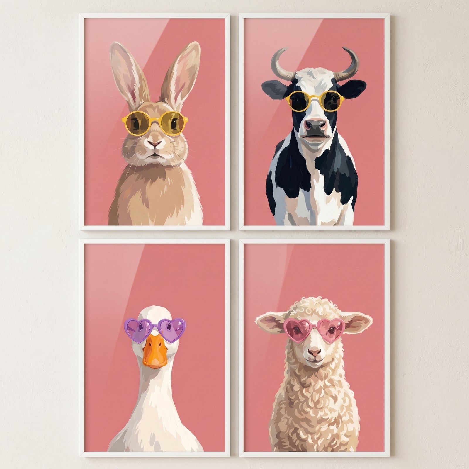 Rabbit, cow, duck, and sheep wearing sunglasses in this pink background farm animal wall art set of 4.