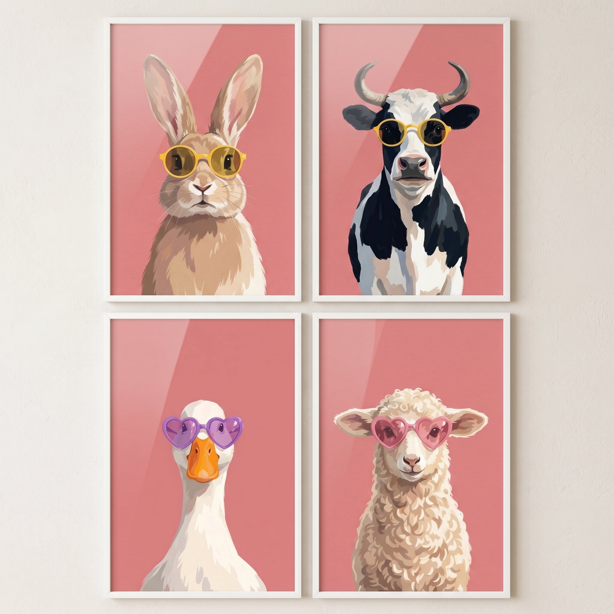 Pink Background Farm Animal Wall Art Set of 4 - Trendy Animal Shades