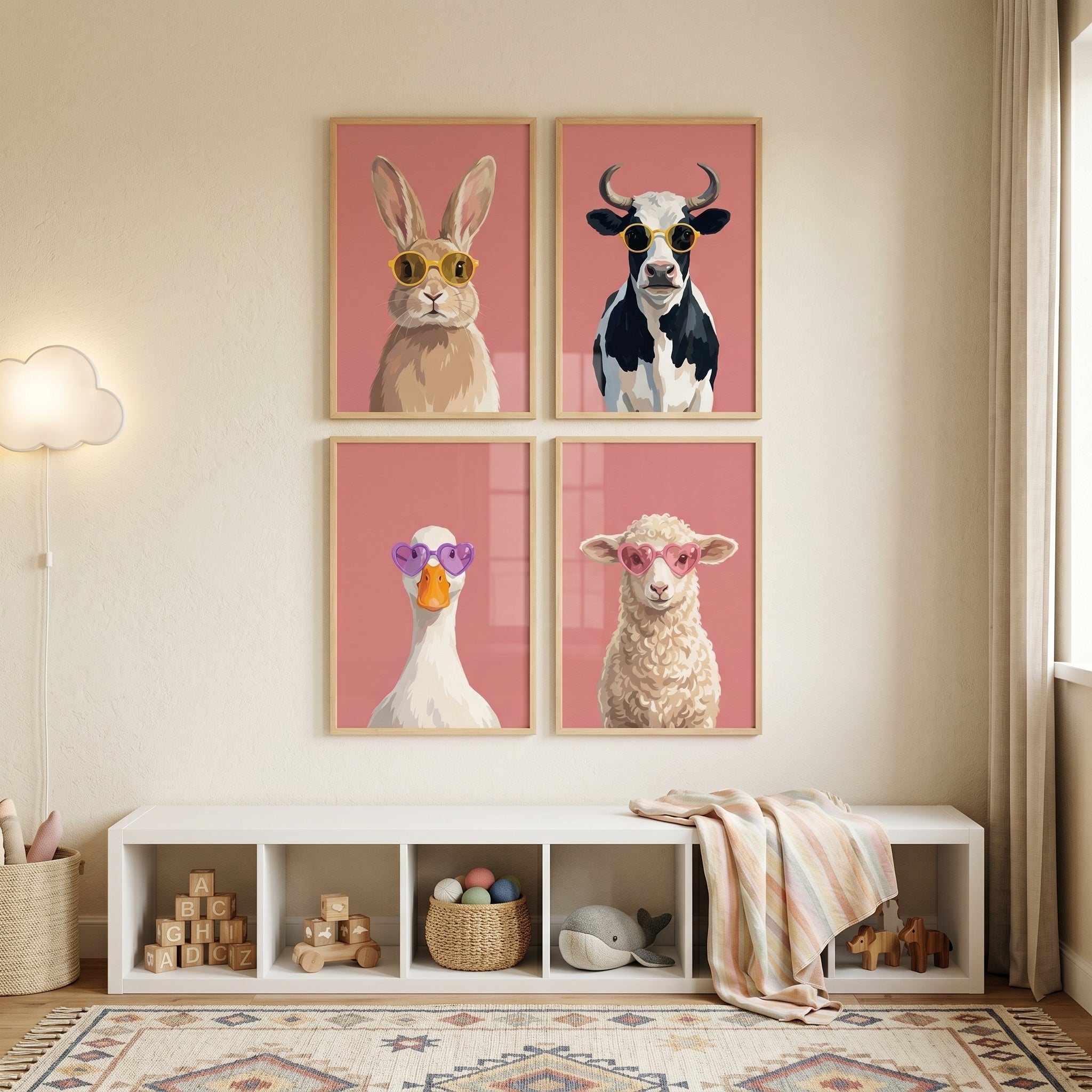 Pink Background Farm Animal Wall Art Set of 4 - Trendy Animal Shades