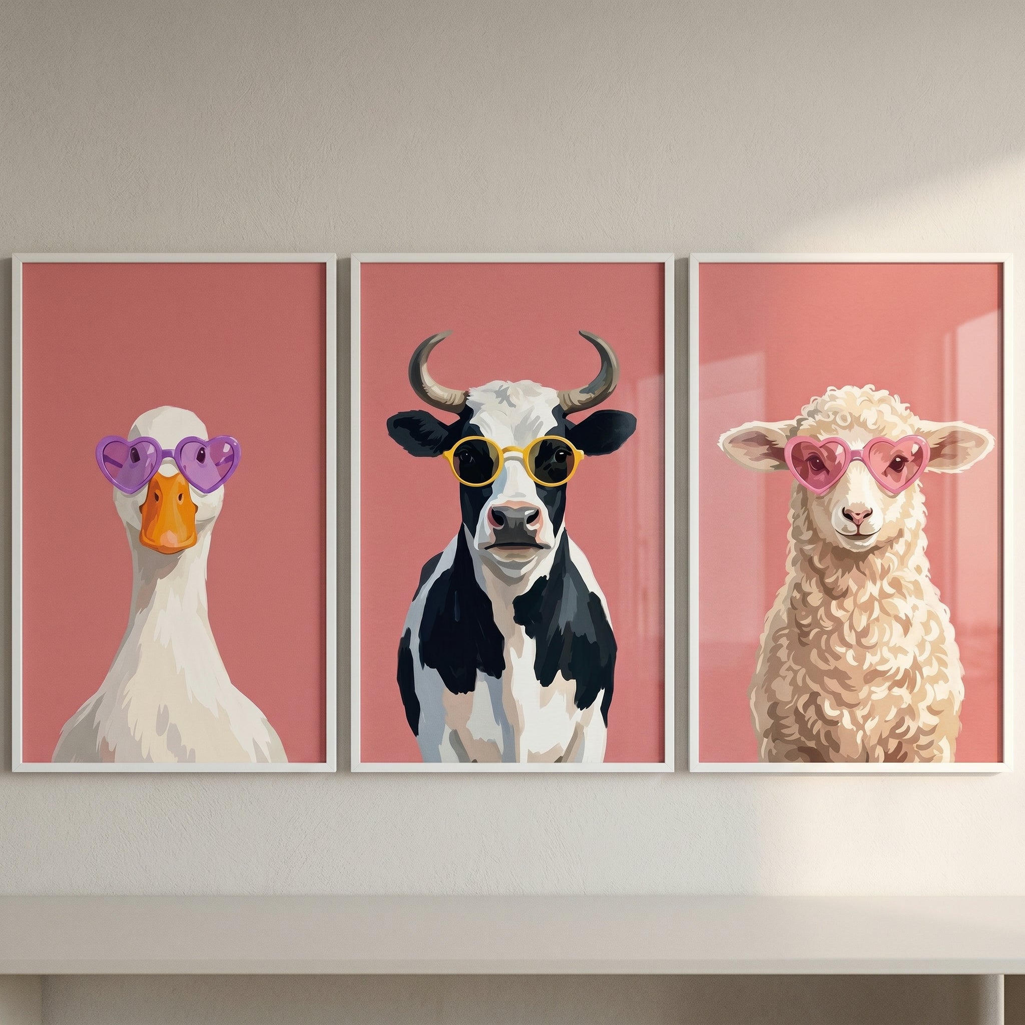 Pink Background Funky Animal Wall Art Set of 3 - Funky Farm Friends